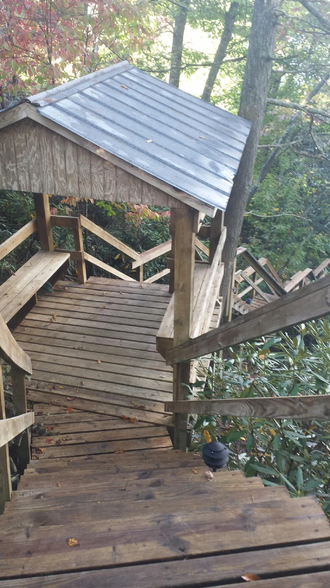 Metal roofed shelter over wooden steps on a wooded walkway — Skylight Repair & Installation work by our crew in Bowerston